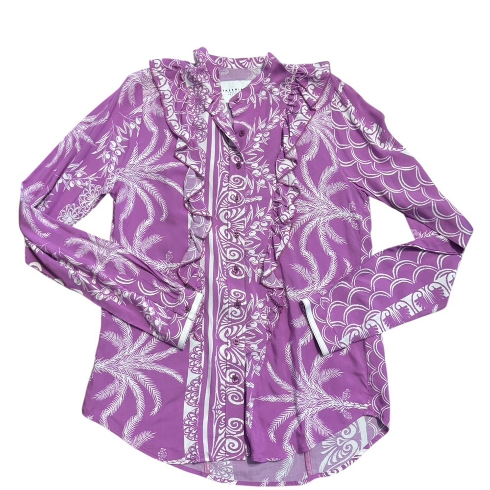 The Shirt by Rochelle Behrens, Purple and White Color, Size XS, 100% Rayon Shirt